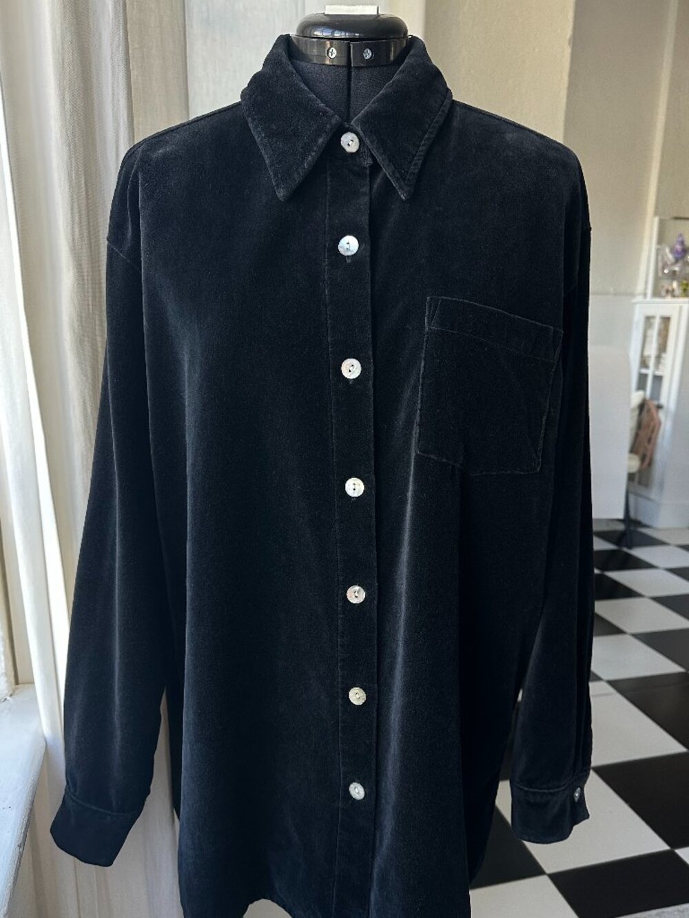 Vintage Merona Black Cotton Velvet Shirt Mother-of-Pearl Buttons L